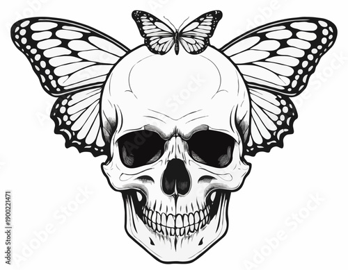 Monochrome illustration of a human skull with large butterfly wings in a tattoo art style.