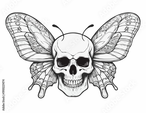 Monochrome illustration of a human skull with large butterfly wings in a tattoo art style.