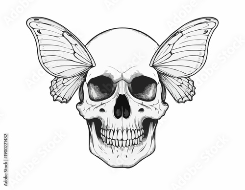 Monochrome illustration of a human skull with large butterfly wings in a tattoo art style.