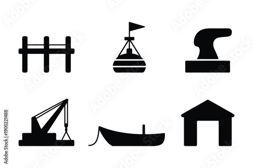 Harbor and Marina Icons: Cleats, Buoys, Cranes, Boats