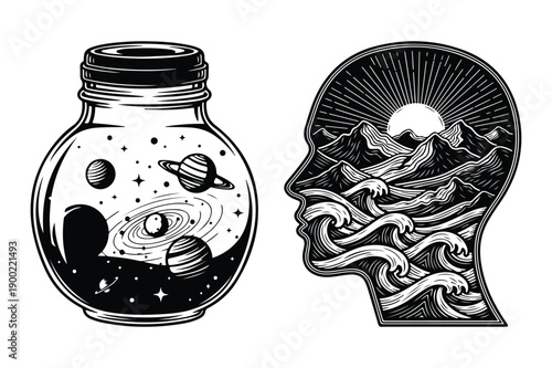 Jar with galaxies and planets next to silhouette of head with waves
