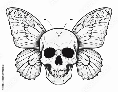 Monochrome illustration of a human skull with large butterfly wings in a tattoo art style.