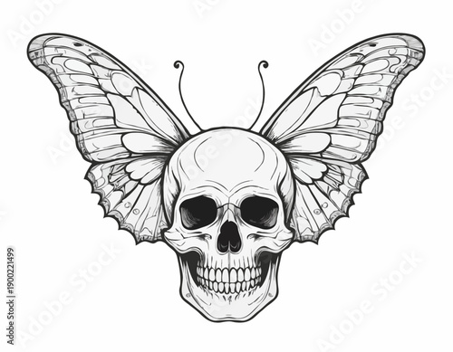 Monochrome illustration of a human skull with large butterfly wings in a tattoo art style.