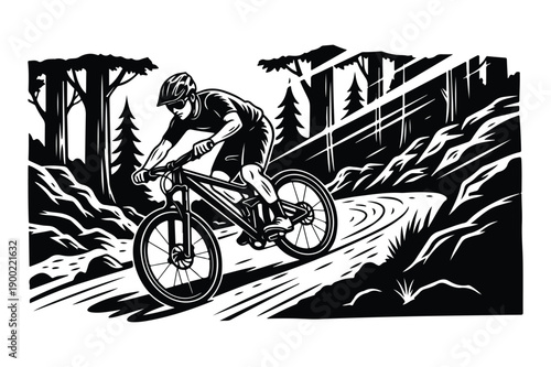 Mountain biker riding downhill on a forest trail