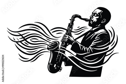 Saxophonist in Abstract Sound Waves Silhouette Illustration