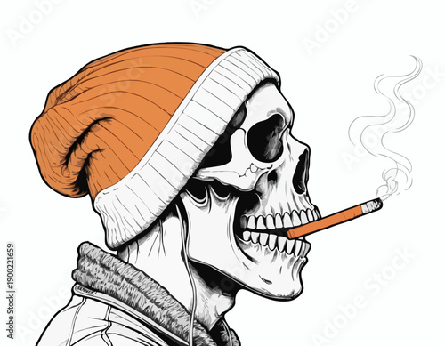 Graphic skull in profile wearing a striped beanie and headphones while smoking a cigarette.