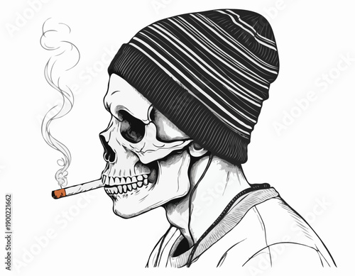 Graphic skull in profile wearing a striped beanie and headphones while smoking a cigarette.