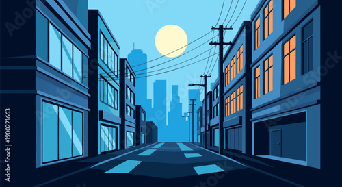 A vector illustration of a city street at dusk with illuminated windows and a full moon in the sky