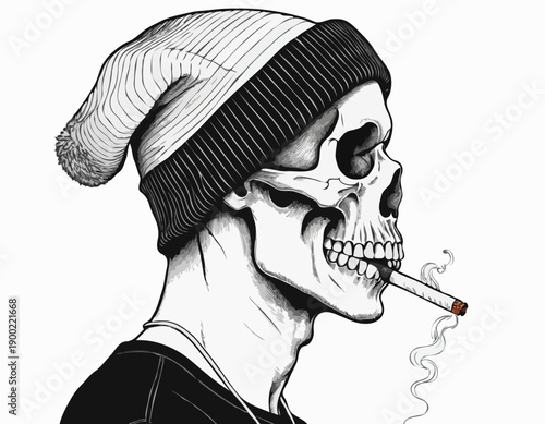 Graphic skull in profile wearing a striped beanie and headphones while smoking a cigarette.