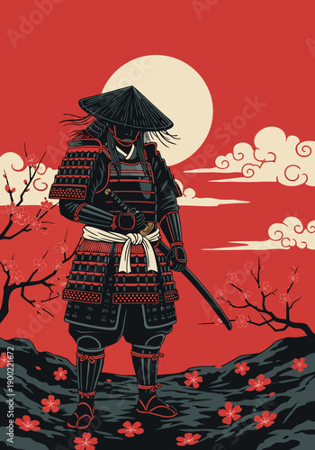 A Traditional Samurai Warrior in Full Armor Standing Proudly Amidst Cherry Blossoms, Vector Illustration