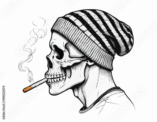 Graphic skull in profile wearing a striped beanie and headphones while smoking a cigarette.