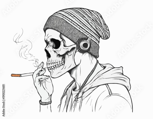 Graphic skull in profile wearing a striped beanie and headphones while smoking a cigarette.