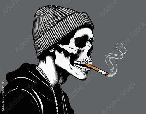 Graphic skull in profile wearing a striped beanie and headphones while smoking a cigarette.