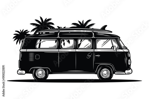 Vintage Van with Surfboard and Palm Trees