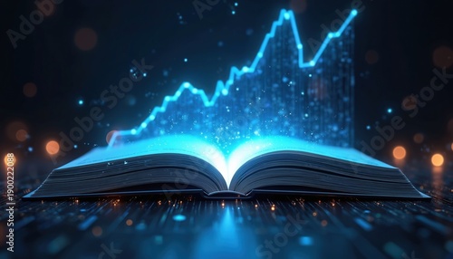 Open book glows with blue light revealing upward financial chart growth. Digital data streams flow from pages. Concept of knowledge driving economy success and investment gains.