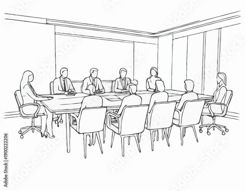 Line art illustration of a faceless business team collaborating around a conference table.