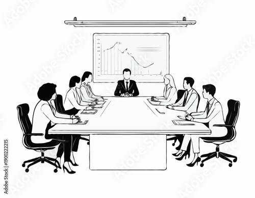 Line art illustration of a faceless business team collaborating around a conference table.