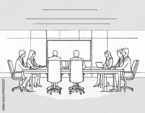 Line art illustration of a faceless business team collaborating around a conference table.