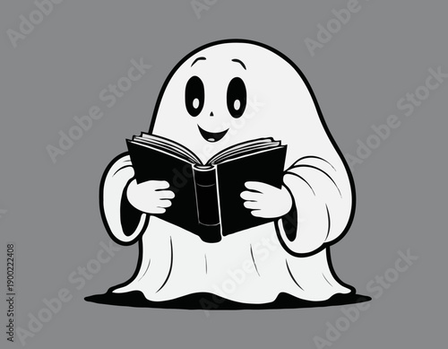 A cute cartoon ghost character happily reading an open book black and white line art illustration.