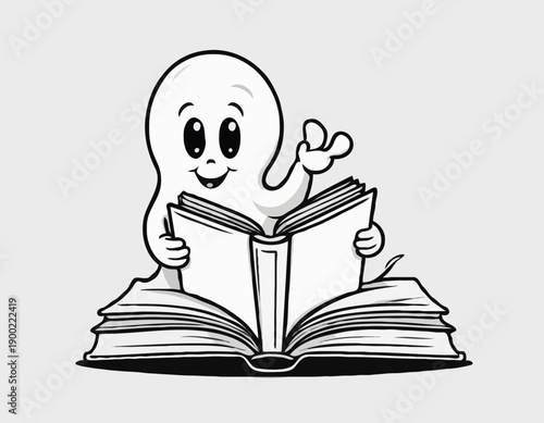 A cute cartoon ghost character happily reading an open book black and white line art illustration.