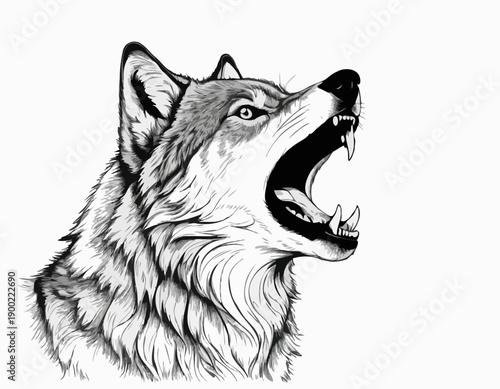 Black and white illustration of a howling wolf head.