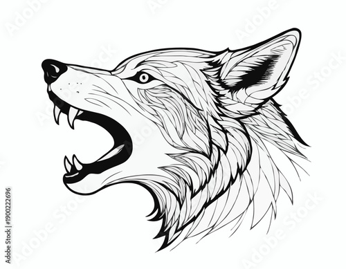 Black and white illustration of a howling wolf head.