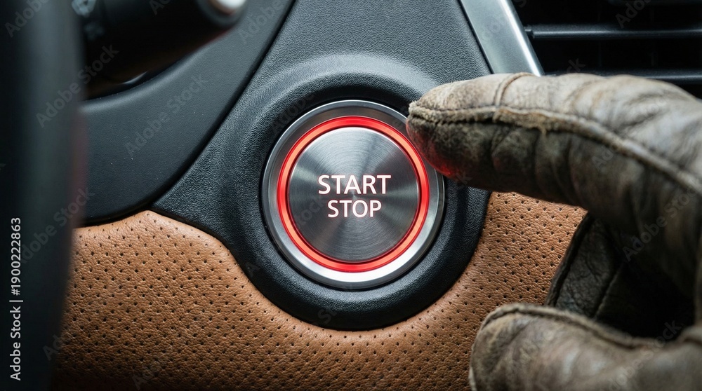 Obraz premium Close-up of a gloved hand pressing a modern car start stop button in a cabin featuring leather texture and a red illuminated ring, illustrating vehicle startup and ignition process