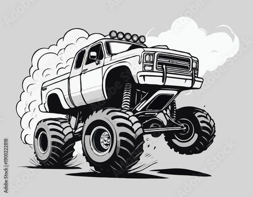 Dynamic black and white monster truck illustration leaving a trail of smoke clouds