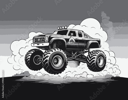 Dynamic black and white monster truck illustration leaving a trail of smoke clouds