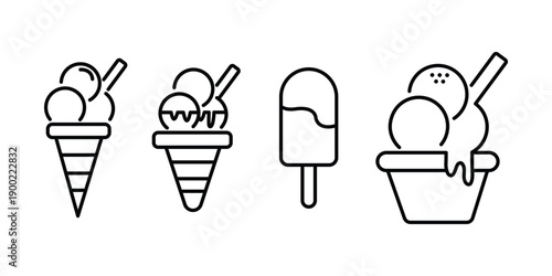 Ice cream icon set vector. ice cream in various forms including cones, Popsicle, and cup.  Ice creams outline editable vector stock.