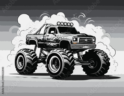 Dynamic black and white monster truck illustration leaving a trail of smoke clouds
