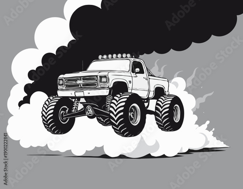 Dynamic black and white monster truck illustration leaving a trail of smoke clouds