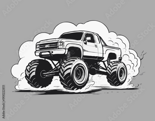 Dynamic black and white monster truck illustration leaving a trail of smoke clouds