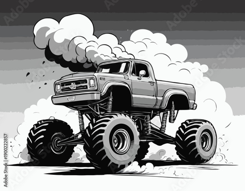 Dynamic black and white monster truck illustration leaving a trail of smoke clouds