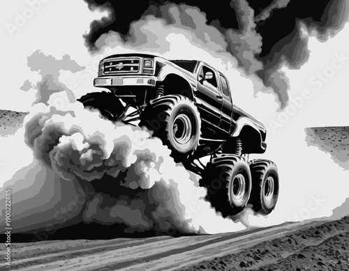 Dynamic black and white monster truck illustration leaving a trail of smoke clouds