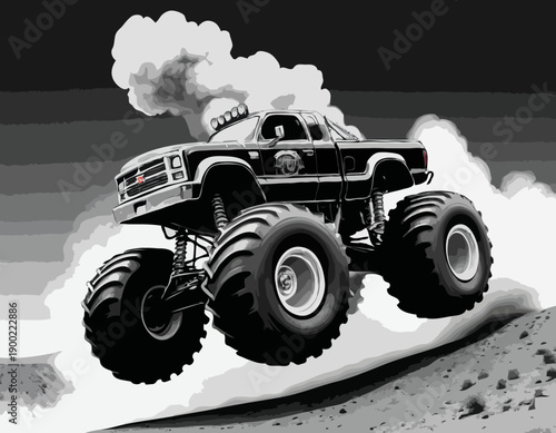 Dynamic black and white monster truck illustration leaving a trail of smoke clouds