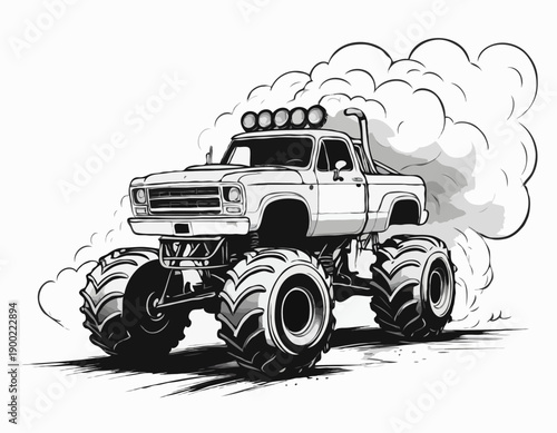 Dynamic black and white monster truck illustration leaving a trail of smoke clouds