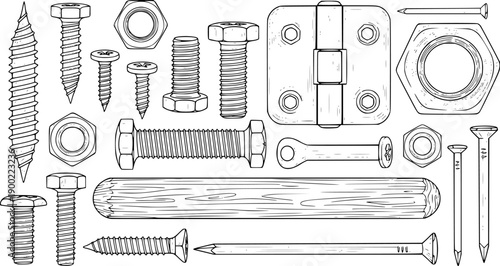 Black and white line art detailed close up of assorted screws nuts bolts hinges wooden dowel and nails hardware components set
