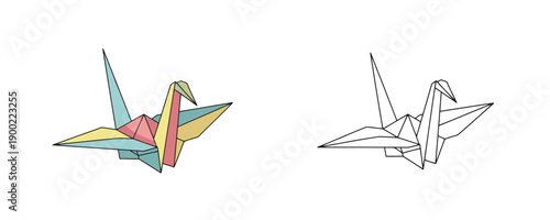Origami paper cranes in geometric vector style with pastel yellow pink blue colors representing traditional Japanese paper folding art isolated on clean white background