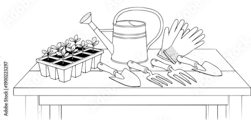 Black and white line art gardening tools gloves watering can table seedling tray hand forks and spades
