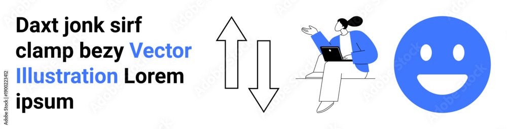 Obraz premium Workflow optimization, workplace communication, online collaboration, productivity tools, user experience, positivity. Up and down arrows next to a smiling user on a laptop. Workflow and positivity