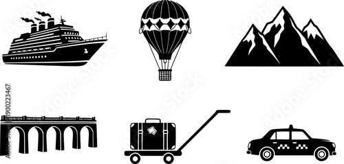 Black silhouette vector set featuring cruise ship, hot air balloon, mountain peaks, viaduct bridge, suitcase trolley, and taxi car icons
