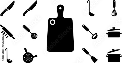 Cutting board silhouette icons set kitchen cooking utensils vector illustration simple design

