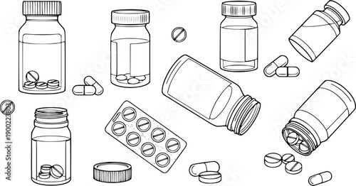 Black and white line art of various medicine bottles and pills scattered around isolated on white background in vector style
