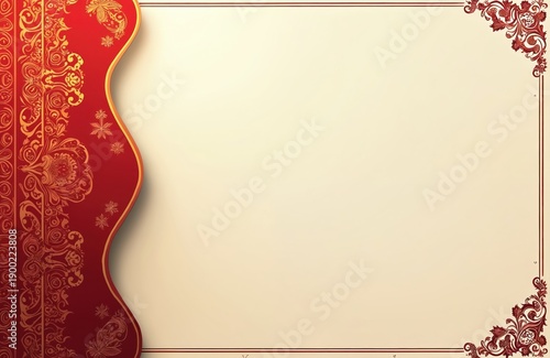 Decorative vintage ornamental background with red floral pattern on cream surface. Elegant border design for formal cards and invitations. Classic border art.