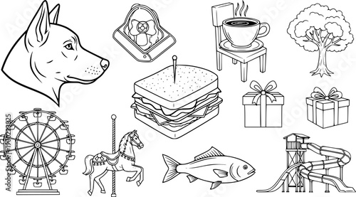 Black and white vector set including dog head profile, ferris wheel, carousel horse, sandwich, fish, coffee cup with chair, tree, gift box, and water slide elements