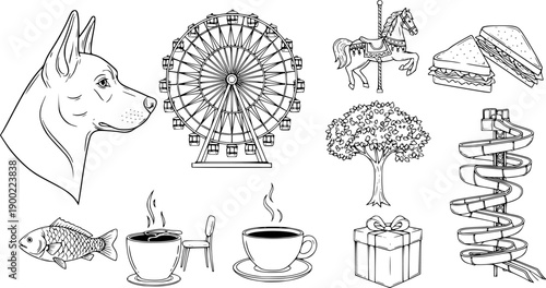 Black and white vector set including dog head profile, ferris wheel, carousel horse, sandwich, fish, coffee cup with chair, tree, gift box, and water slide elements