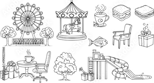 Black and white vector set including dog head profile, ferris wheel, carousel horse, sandwich, fish, coffee cup with chair, tree, gift box, and water slide elements