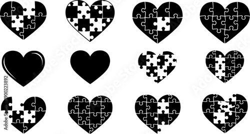 Monochrome black and white puzzle heart icons set conceptual broken and complete love symbols vector art collection
