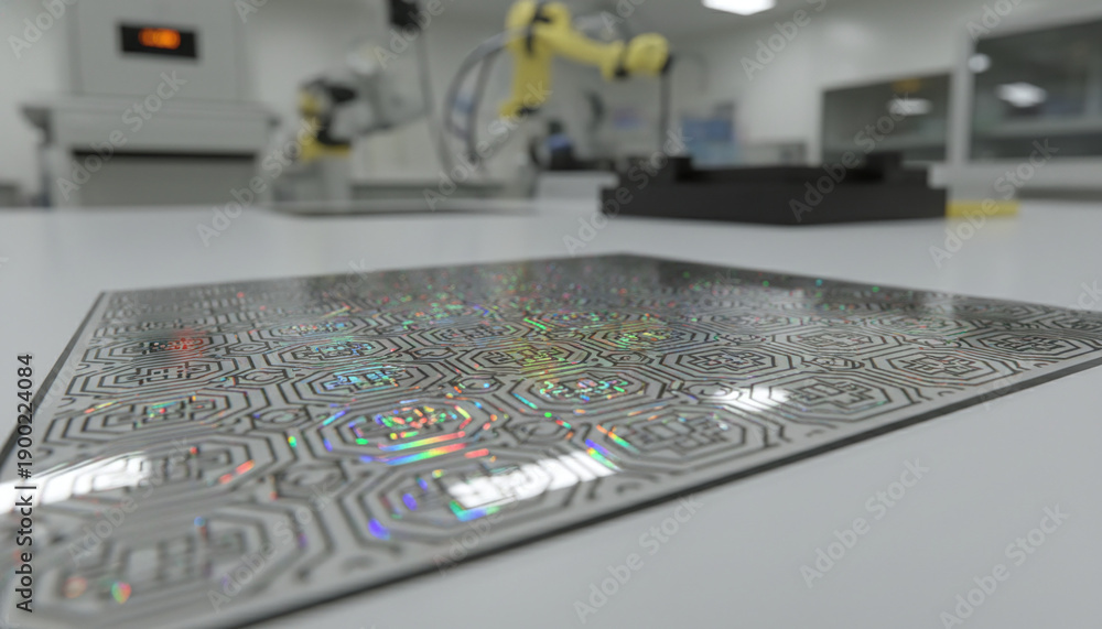 Fototapeta premium Semiconductor quartz photomask reticle with geometric chrome patterns